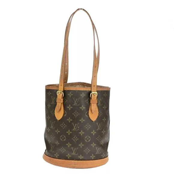 LOUIS VUITTON BUCKET PM Shoulder Tote Bag Monogram Leather Brown